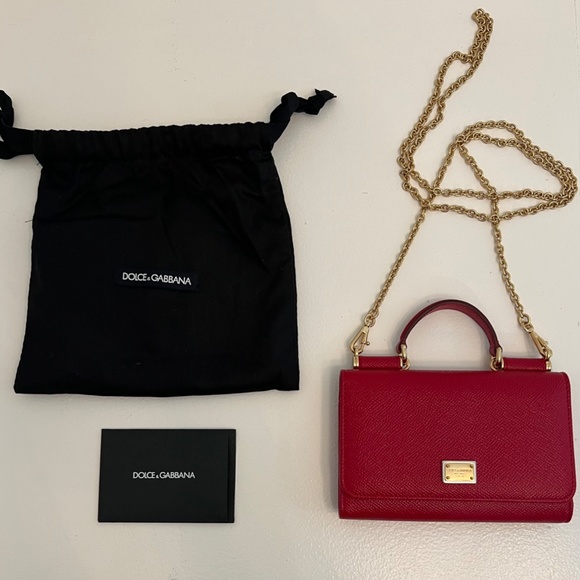 Dolce & Gabbana-Red100% Leather Gold Tone Metal Chain Sicily Von Mini Bag Wallet - Picture 2 of 5
